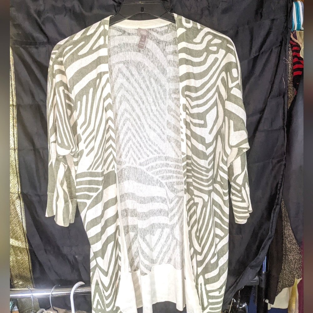 ❤️3/$20 Chico's lightweight open cardigan sweater taupe zebra print size 1